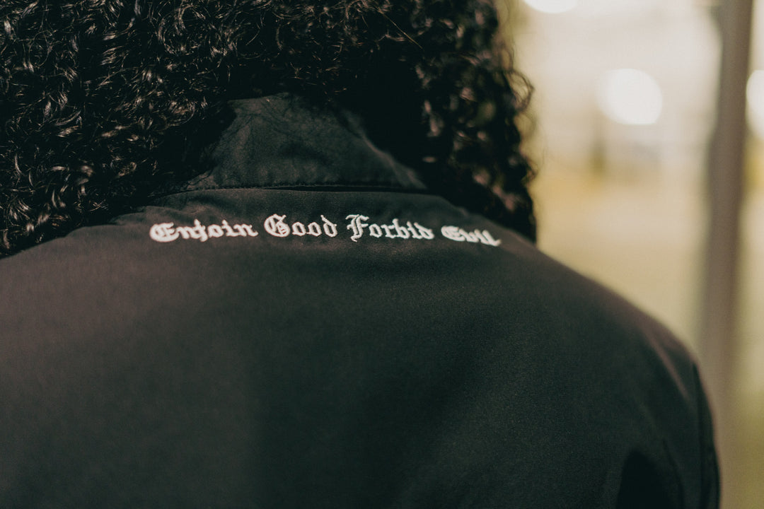 "Enjoin Good Forbid Evil" Work Jacket in Black - YM Merch Store