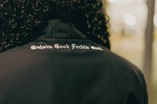 "Enjoin Good Forbid Evil" Work Jacket in Black - YM Merch Store